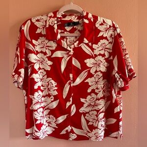 Volcom Red and White Floral Cropped Button Down Shirt